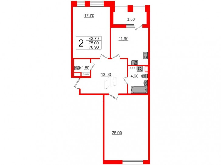 Двухкомнатная квартира 75.6 м²